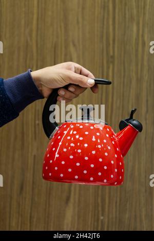 Man mano che tiene il bollitore in metallo in cucina. Design. Cucina. Dispositivo utile su sfondo di legno Foto Stock