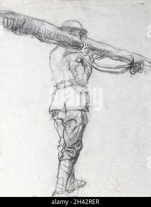 Prima Guerra Mondiale: Barella portacolori. Disegno di carbone. Foto Stock