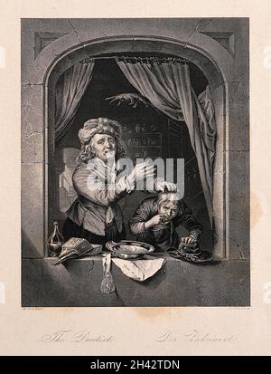 Un cassetto-dente che tiene un dente dopo averlo estratto da un paziente, che sta versando sangue fuori dalla finestra. Incisione di D.J. Sterlina dopo G. Dou, 1672. Foto Stock