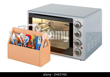 Forno con tostapane a convezione con cassetta degli attrezzi. Riparazione e servizio di forno a convezione tostapane con Rotisserie e Grill, 3D rendering isolato su backgrou bianco Foto Stock