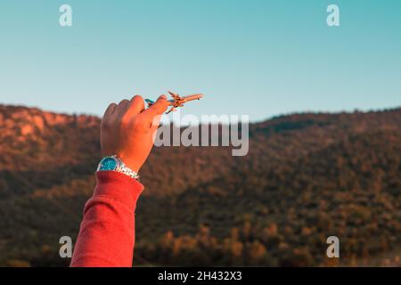 persona che tiene l'aeroplano in natura Foto Stock