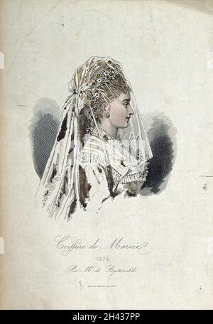 La testa e le spalle di una donna in profilo a destra indossando una testa-abito da sposa e velo. Blocco di linea colorato, 1876, di Rigolet (?). Foto Stock