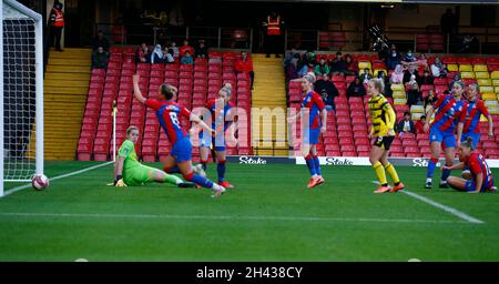 Watford, Regno Unito. 31 ottobre 2021. DAGENHAM, INGHILTERRA - OTTOBRE 31: Durante il Barclays fa Women's Championship match tra Watford e Crystal Palace al Vicarage Road Stadium di Watford il 31 Ottobre 2021 Credit: Action Foto Sport/Alamy Live News Foto Stock