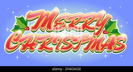 Allegro scritta di Natale con foglie di agrifoglio su sfondo blu. Illustrazione Vettoriale