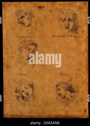 Cinque volti che esprimono le passioni umane: (In senso orario dall'alto a sinistra:) compassione, tristezza e deiezione del cuore, profilo e visione frontale della deiezione e tristezza. Disegno della penna dopo C. le Brun. Foto Stock