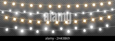 Set di luci di Natale. Ghirlande luminose realistiche. Lampade luminose dorate. Decorazioni natalizie luminose. Lampadine d'argento per biglietti d'auguri. Vettore Illustrazione Vettoriale
