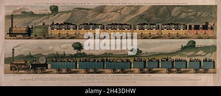 Un treno a vapore sta tirando una lunga fila di carrozze passeggeri chiuse e l'altro sta tirando carrelli aperti con i passeggeri in piedi. Chromolithograph. Foto Stock