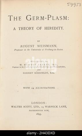Titlepage del Germ-plasm: Una Teoria dell'eredità di August Weismann, Londra, Walter Scott, 1893 Foto Stock