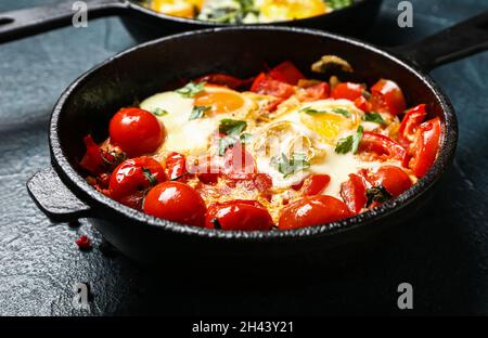 Padella con gustoso Shakshouka su sfondo nero Foto Stock