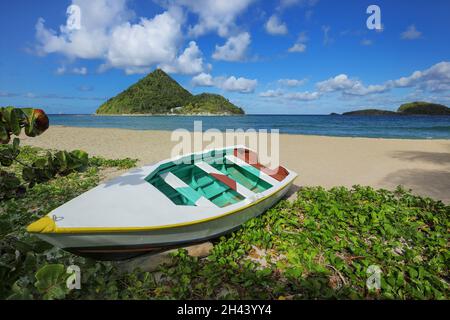 Barca di legno immagazzinata sulla spiaggia di Levera, Isola di Grenada, Grenada. Foto Stock