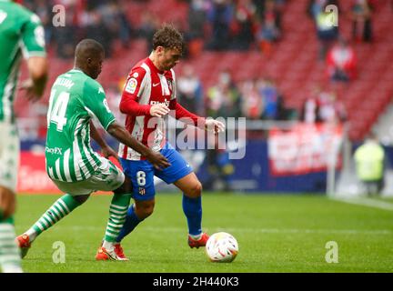 Antoine Griezmann di Atletico de Madrid e William Carvalho del Real Betis durante la partita di calcio la Liga tra Atletico de Madrid e Real Betis Balompie il 31 ottobre 2021 allo stadio Wanda Metropolitano di Madrid, Spagna - Foto: Oscar Barroso/DPPI/LiveMedia Foto Stock