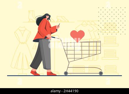 Retail Therapy - Donna con Carrello - Illustrazione come EPS 10 file Illustrazione Vettoriale