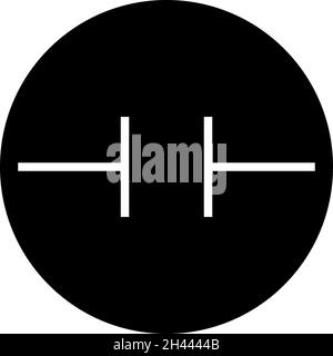 Simbolo icona condensatore. Sfondo cerchio nero. Simboli e segni elettronici. Illustrazione Vettoriale