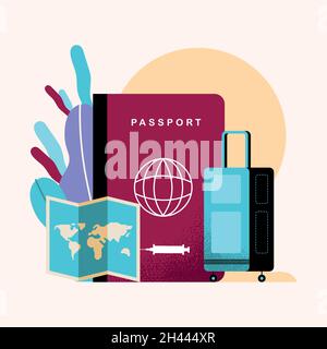 icone del passaporto sanitario e della valigia Illustrazione Vettoriale