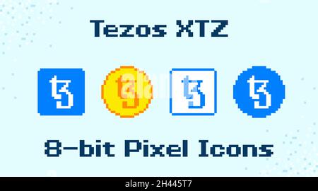 Risorse crittografiche XTZ a 8 bit in formato vettoriale. Set di icone per immagini pixel di Tezos. Illustrazione Vettoriale
