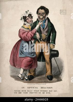 Una donna attraente corteggia una strana guardando l'uomo; suggerendo che la bellezza è negli occhi di chi guarda. Litografia colorata, 1833. Foto Stock