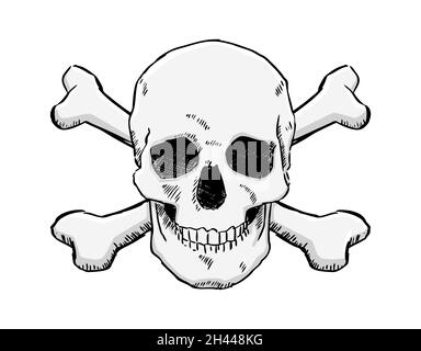 Illustrazione vettoriale disegnata a mano del cranio a ossa incrociate. Illustrazione dello stile di schizzo vettoriale, isolata su sfondo bianco. Illustrazione Vettoriale