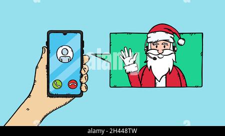 Tira a mano il doodle vettoriale di Babbo Natale con le cuffie sullo schermo del laptop. Illustrazione colorata con stile di schizzo. Illustrazione Vettoriale