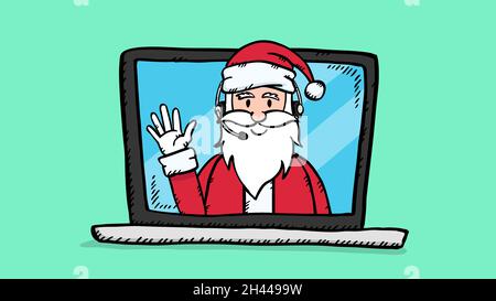 Tira a mano il doodle vettoriale di Babbo Natale con le cuffie sullo schermo del laptop. Illustrazione colorata con stile di schizzo. Illustrazione Vettoriale