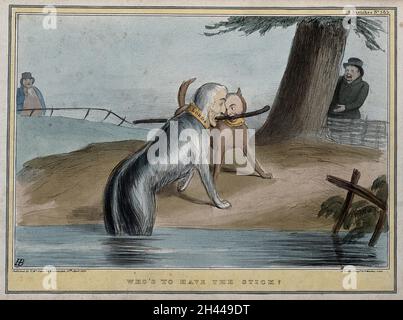 Un grande cane, che esce dall'acqua, con la testa del Duca di Wellington, e un cane più piccolo con la testa di Lord John Russell, entrambi tirano un bastone inscritto 'Committee Ireland', mentre John Bull e Daniel o'Connell, i rispettivi proprietari, sono in attesa sullo sfondo. Litografia colorata di H.B. (John Doyle), 1839. Foto Stock