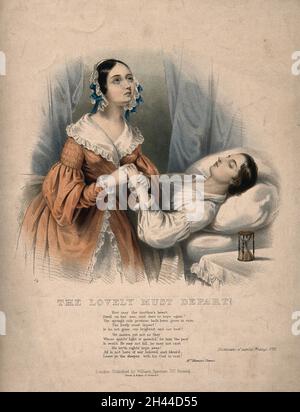 Un giovane uomo sta morendo, una donna piange mentre tiene la mano, una clessidra sta sul tavolo. Litografia colorata di J. Bouvier. Foto Stock