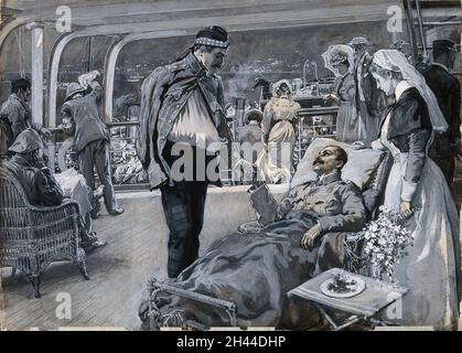 Boer War: Il rione di una nave ospedaliera in cui un'infermiera conversa con una donna ansiosa e sua figlia. Pittura gouache di F. Dickinson, 1899. Foto Stock