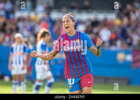 Barcellona, Spagna. 31 ottobre 2021. Jenni Hermoso del FC Barcelona celebra dopo aver segnato un gol durante la partita Primera Iberdrola tra il FC Barcelona Femeni e la Real Sociedad Femenino all'Estadi Johan Cruyff.Final Score; FC Barcelona Femeni 8:1 Real Sociedad Femenino. Credit: SOPA Images Limited/Alamy Live News Foto Stock