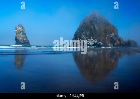 Haystack Rock in una mattinata di nebbia, Cannon Beach, Oregon Foto Stock