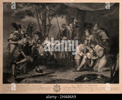 La morte di Sir Philip Sidney nella battaglia di Zutphen: Passa un pallone d'acqua ad un altro soldato. Mezzotint di J. Jones dopo G. carter, 1782. Foto Stock