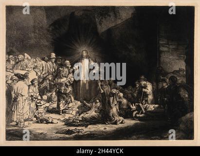 Cristo tra i malati e i farisei ('la stampa dei cento colpevoli'). Acquaforte di Rembrandt, 1649. Foto Stock