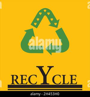 simbolo di riciclaggio con cuori intorno allo sfondo superiore e giallo e testo in fondo alla pagina Illustrazione Vettoriale
