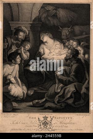 L'adorazione dei pastori alla nascita di Cristo; un pastore suona un flauto. Incisione a stiletto di J.B. Michel, 1780, dopo G. Farington dopo C. Cignani. Foto Stock