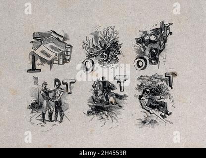 Sei vignette (con lettere maiuscole T o o): Un libro aperto con libri chiusi (T); un mazzo di fiori selvatici (o); uno Zouave seduto con una pistola (o); due soldati (T); un messaggero a cavallo (T); un ragazzo addormentato sull'erba (T). Incisione in legno di H. Linton. Foto Stock