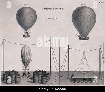 Mongolfiera: Barili di idrogeno e altre attrezzature usate in mongolfiera. Incisione di W. Lowry, 1803. Foto Stock