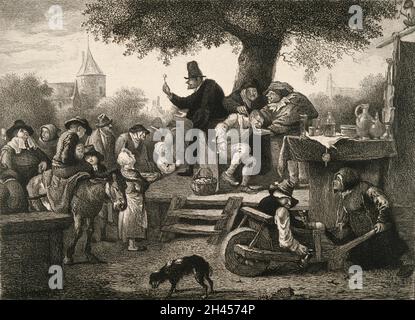 Un cassetto-dente che tiene un dente che ha appena estratto sul palco per cercare di vendere le sue abilità; i suoi due compagni stanno trattando un malato. Acquaforte dopo J. Steen (?). Foto Stock