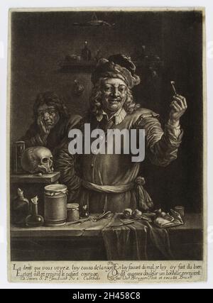 Un cassetto-dente che sorregge orgogliosamente un dente che ha appena estratto, il paziente che tiene il viso sullo sfondo. Mezzotint di Jan van der Bruggen dopo D. Teniers II, 167-. Foto Stock