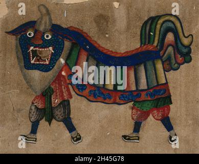 Due figure sfilano in un treno drago cinese. Pittura di un artista cinese, ca. 1850. Foto Stock