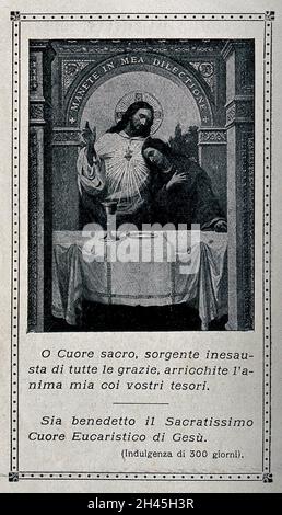 Cristo con San Giovanni Evangelista adagiato sul suo seno; dietro una tavola con l'Eucaristia che mostra il Sacro cuore. Elaborazione della stampa. Foto Stock