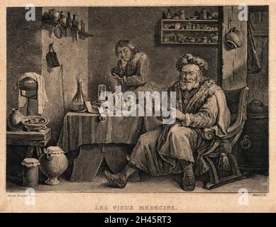 Un cassetto-dente che sorregge orgogliosamente un dente che ha appena estratto, il paziente che tiene il viso solchi sullo sfondo. Incisione di Hubert dopo D. Teniers II. Foto Stock