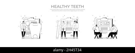 Set di vettore piatto nero e bianco colore denti concetto di cura quadrato composizione di controllo medico strumenti dentista trattamento e igiene vettore isolato Illustrazione Vettoriale