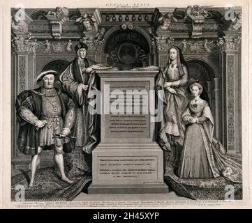 Re Enrico VIII e Jane Seymour, re Enrico VII e sua moglie Elisabetta di York. Incisione di G. Vertua dopo R. van Leemput dopo H. Holbein. Foto Stock