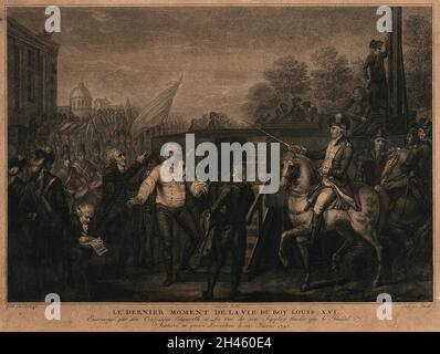 Re Luigi XVI di Francia saluta il popolo di Parigi salendo le scale fino al ponteggio dove fu ghigliottinato il 21 gennaio 1793. Acquatinta con incisione di C. Silanio dopo C. Benazech, 1793. Foto Stock