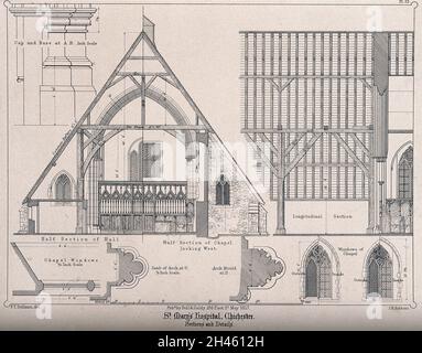 St Mary's Hospital, Chichester, Sussex: Progetti architettonici per la struttura del tetto, le finestre e le loro posizioni. Litografia di trasferimento di J.R. Jobbin dopo F.T. Dollman. Foto Stock