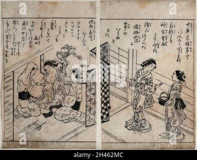 A sinistra, un'ostetrica (?) fissa una fascia di stoffa intorno alla vita di una donna incinta, guardata da un assistente; destra, due assistenti portano rinfreschi. Legno tagliato da Nishikawa Sukenobu, 1748 (?). Foto Stock