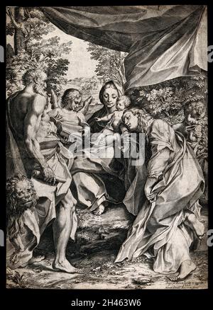 Santa Maria (la Beata Vergine) con il Cristo Bambino, San Giovanni Battista, San Girolamo e Santa Maria Maddalena e un angelo. Incisione di Agostino Carracci, 1586, dopo A. Allegri, il Correggio. Foto Stock