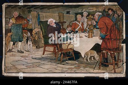 Una famiglia si siede intorno ad un tavolo che mangia il loro pasto di Natale e salutare l'arrivo del budino di prugne che viene portato in un grande vassoio di riproduzione dopo Cecil Aldin. Foto Stock