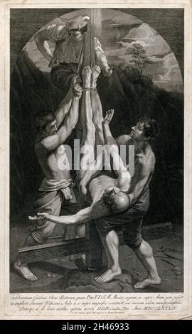 San Pietro è crocifisso capovolto. Incisione di C. Tinti, 1784, dopo G. reni. Foto Stock