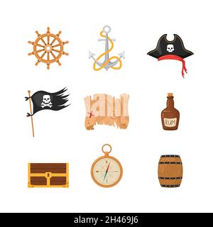 Pacchetto di articoli pirata. Ruota della nave, bandiera, cappello, mappa, ancora, bussola, cassa del tesoro. Collezione di pirateria isolata su sfondo bianco. Vettore infantile Illustrazione Vettoriale