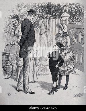 Un ragazzo accompagnato da una ragazza sta parlando con un Signore, mentre una donna che spinge un agram sembra divertita quando passa. Incisione in legno di Swain dopo R.B.. Foto Stock