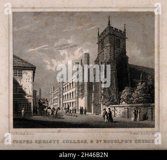 Corpus Christi College e St. Botolph's Church, Oxford. Incisione di linea di J. & H.S. Storer dopo W. Wilkins. Foto Stock